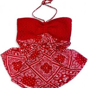 Y2k Red Crochet Bandana Print Halter Top